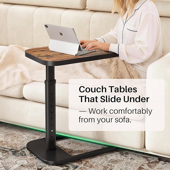 Kitstorack Adjustable Height C-Shaped End Table, 9-Level Side Table with Metal Rounded Edge, Couch Table that Slides Under Sofa or Bed for Eating, Working, and Drinks, TV Tray for Small Spaces, Brown