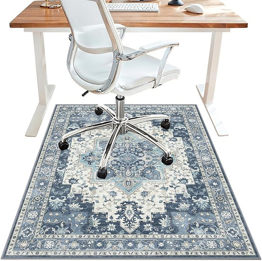 48"x60" Office Chair Mat for Hardwood Tile Floor, Under Desk Carpet Protector for Rolling Computer Chair Mat, Machine Washable Area Rug, Anti-Slip 1/5" Thick Low Pile Thin Vinyl Floor Mat, Navy