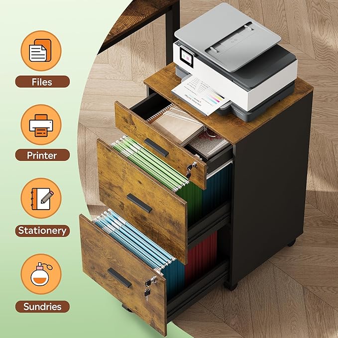 DEVAISE 3 Drawer Rolling File Cabinet with Lock, Wood Filing Cabinet fits Letter / A4 Size for Home Office, Rustic Brown