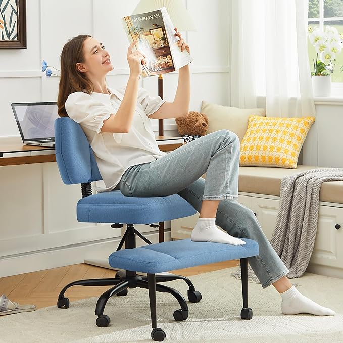 Ergonomic Criss Cross Legged Office Chair, ADHD Chair, 360° Swivel Meditation Kneeling Chair with Wheels, Adjustable Footrest, Bigger & Wider Height Adjustable Seat, Strong Lumbar Support, Bluecloth