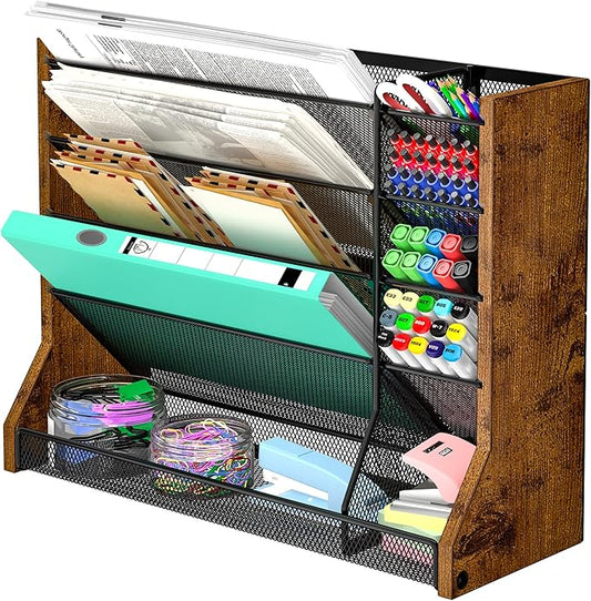 Jakyitvi Wall Desk File Organizer 5 Tiers, Ironwood Hanging File Organizer with R-shaped Tray, Wall File Holder for Office Home, 4 Pull-Out Divider and Pen Slots to Sort File,Mail,Newspaper,Pen, Brown