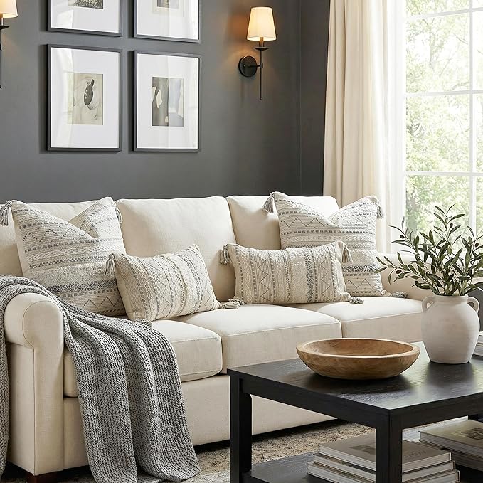 BlissBlush 12x20 Lumbar Pillow Cover, Cream Neutral Rectangular Decorative Cushion Cover with Gray Pattern, Boho Accent Pillowcase with Tassels for Couch Sofa Living Room (Cover Only)