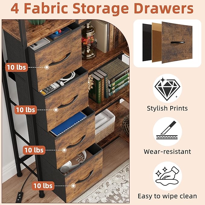 AFLUI Corner Bookshelf with LED Light Strips & 4 Fabric Drawers, 6-Tier Convertible Corner Shelf with Display Shelf, Large Wood Industrial Bookcase for Living Room, Bedroom, Home Office, Rustic Brown