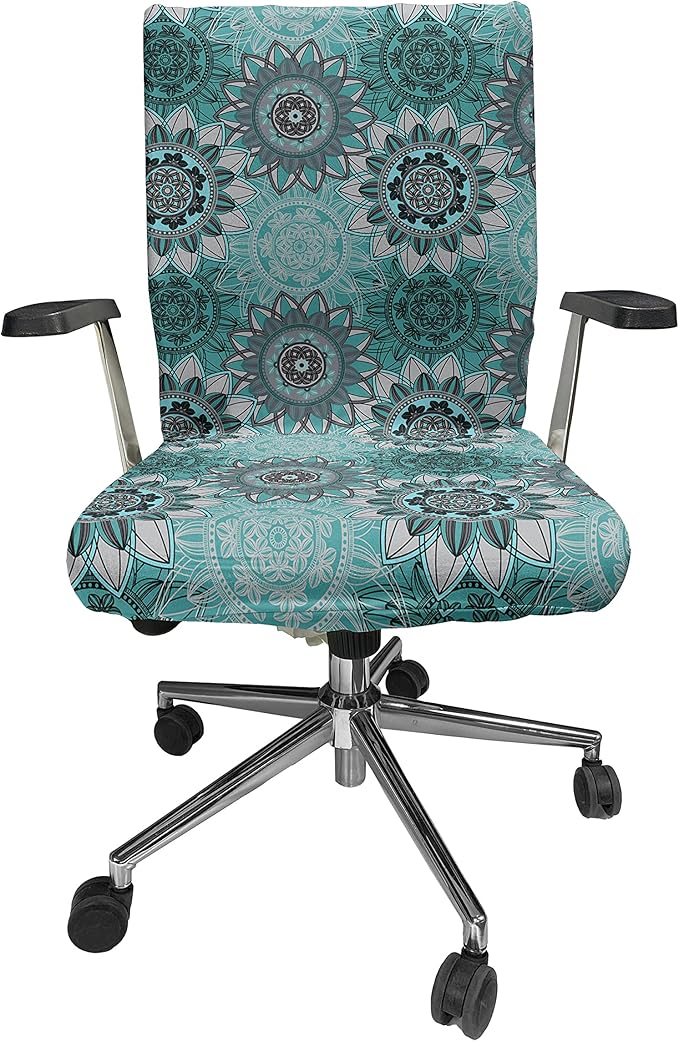Ambesonne Mandala Office Chair Cover, Hippie Oriental Abstract Motifs Traditional Round Spring Inspired Design, Stretchable Decorative Universal Size High Back Printed Slipcover, Turquoise Black