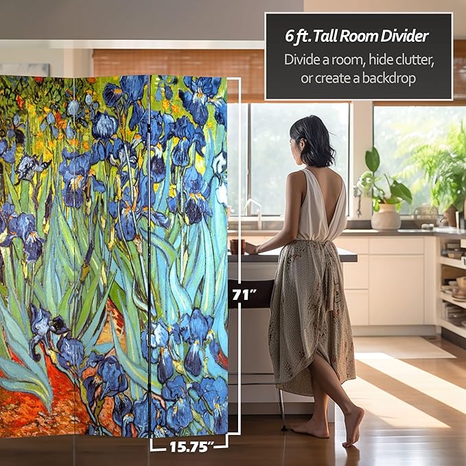 Red Lantern 6 ft. Tall Double Sided Works of Van Gogh Canvas Room Divider - Irises/Starry Night Over Rhone 4 Panel Freestanding Folding Privacy Screen Partition Separator for Modern and Contemporary