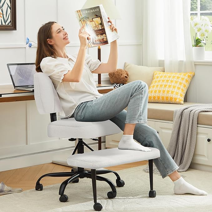 Ergonomic Criss Cross Legged Office Chair, ADHD Chair, 360° Swivel Meditation Kneeling Chair with Wheels, Adjustable Footrest, Wider Height Adjustable Seat, Lumbar Support, Teddy Fabric, OffWhite