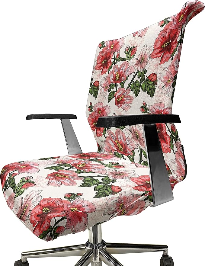 Ambesonne Ladybugs Office Chair Cover, Exotic Flowers Hibiscus Hawaiian Foliage Illustration Botany Spring Blossom, Stretchable Decorative Universal Size High Back Printed Slipcover, Coral Green