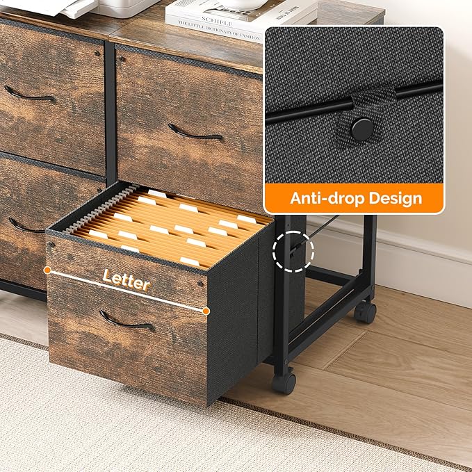 VINGLI 4 Drawer Mobile File Cabinet with Wheels Filing Cabinet Under Desk File Cabinet, Fabric Drawers Printer Stand for Home Office, Fits Letter Size, Rustic Brown