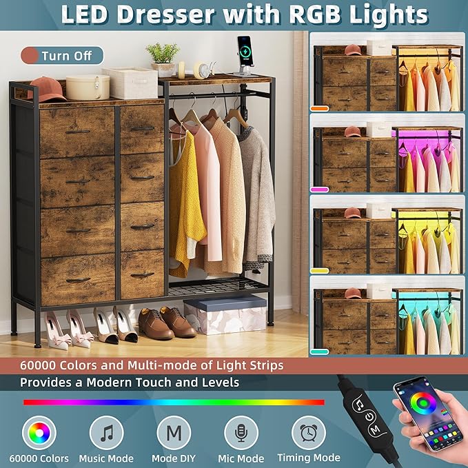 HIGDBFE Dresser with Hanging Rack, 8-Drawer Dresser for Bedroom with Charging Station & LED Lights, Fabric Dressers with Shoe Rack, Rustic Brown, 11.8" D x 42" W x 42.7" H (8 Drawers)
