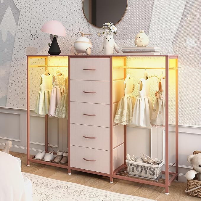 Espelism Dresser for Bedroom with Clothes Rack 5 Drawer Dresser with Charging Station LED Lights White Chest of Drawers Flexible Shelf and Open Storage Space for Bedroom Living Room (Pink)