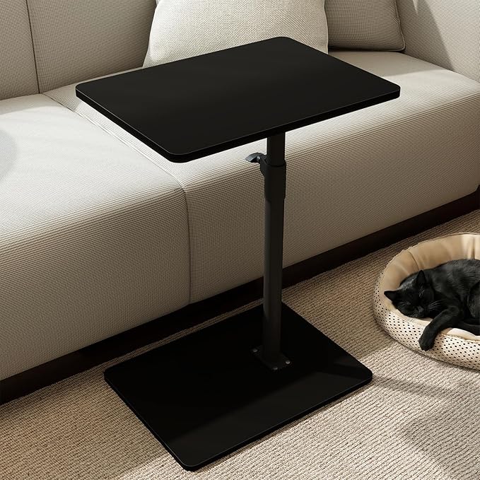 YUHFERA Sofa Armrest Tray Table for Couch - 360 Swivel Height Adjustable C-Shaped End Table for Small Spaces, Snack Side Table for Bed or Chair with Phone & Tablet Slot, Black, Enlarged