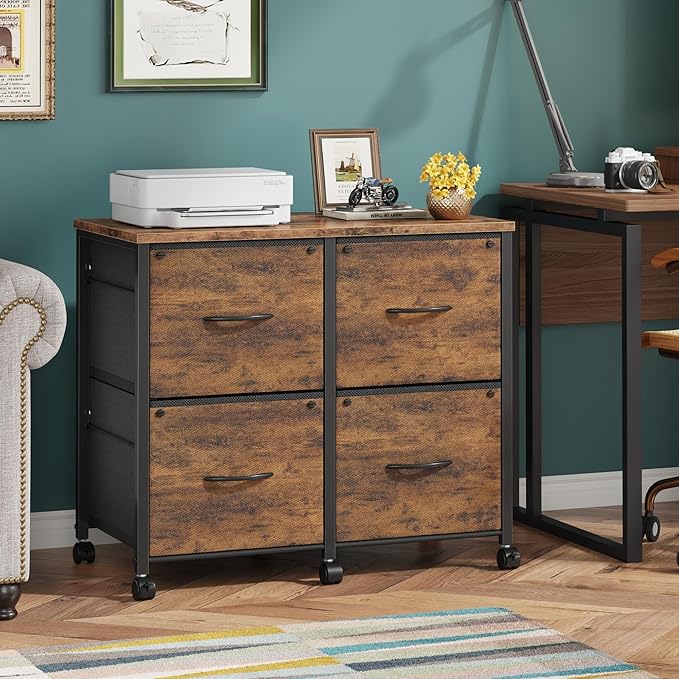 HIGDBFE 4 Drawer Lateral File Cabinet, Mobile Filing Cabinet for Large Printer, Home Office Functional Office Storage Cabinet & Printer Stand, Fits Letter/A4, 30.5'', Rustic Brown