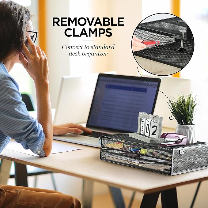 Homeify Under Desk Drawer Organizer Clamp-On, Mesh Metal Drawer Attachment, 2 Drawer Slide Out, On Or Under Desk Organizer For Office Supplies & Home Essentials (2 Drawers)