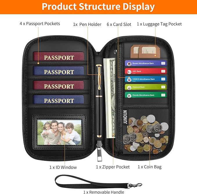 JUNDUN 2500℉ Fireproof Family Passport Holder,RFID Blocking Upgraded Material Fireproof Passport Wallet for 4,Travel Document Organizer Case with Zipper for Passport and Card