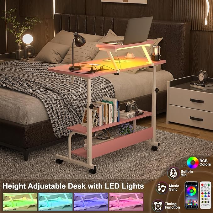 Height Adjustable Standing Desk with Power Outlets and LED Lights - 32" Manual Stand Up Desk with Monitor Stand and Storage Shelves Small Mobile Rolling Computer Desk Portable Laptop Table, Pink