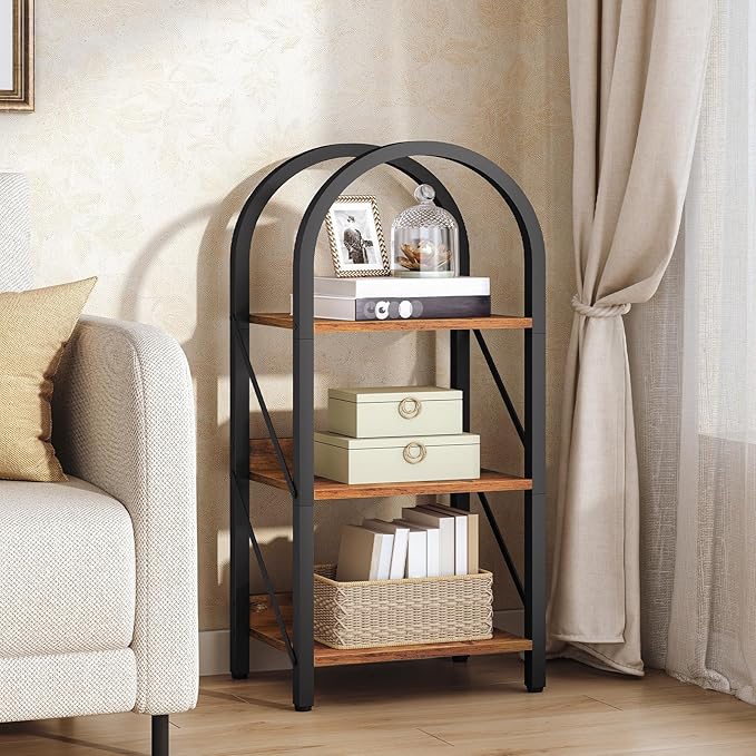 HOOBRO Bookshelf, 3-Tier Arched Bookshelf, Industrial Bookcase with Metal Frame, Book Shelf Storage Organizer for Living Room, Office, Bedroom, Rustic Brow and Black BF423SJ01