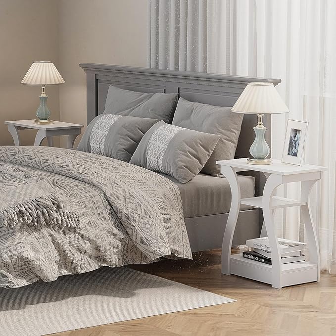 FROMJBEST End Tables Living Room, White End Table with Charging Station,White Side Table, Nightstand for Bedroom, 3 Tier End Table with Storage Shelf for Living Room