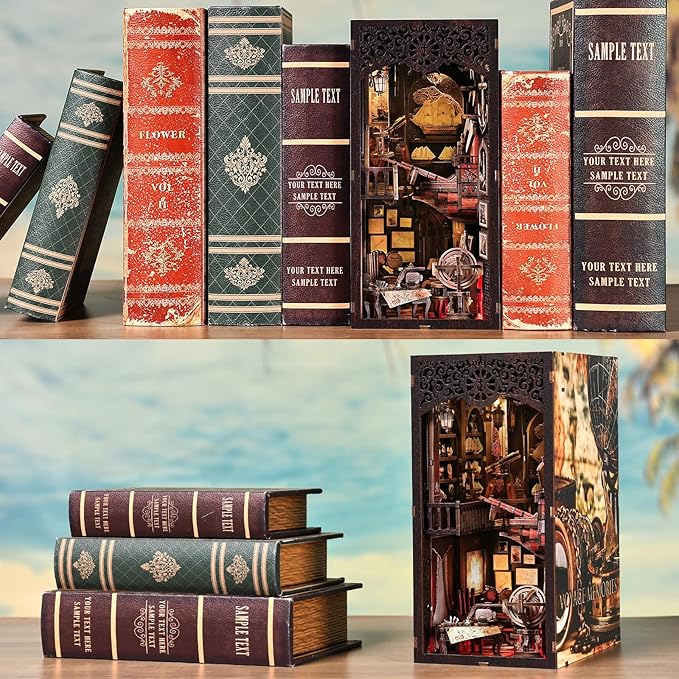 TOYQI Book Nook Kit, Book Nook Kits for Adults, DIY Miniature Dollhouse Kit 3D Wooden Puzzle Booknook Bookend with LED Light