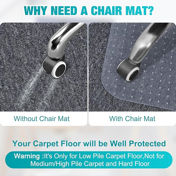2 Pack Office Chair Mat for Carpets, 48" x 36" Clear Chair Mat for Carpeted Floors, Heavy Duty Under Desk Protector Carpeted Floors Mats, Rolling Computer Floor Mats with Studs for Home and Office