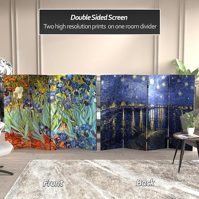 Red Lantern 4 ft. Short Double Sided Works of Van Gogh Canvas Folding Screen Irises/Starry Night Over Rhone 4 Panel Freestanding Partition and Separator for Modern and Contemporary Bedroom Home Office