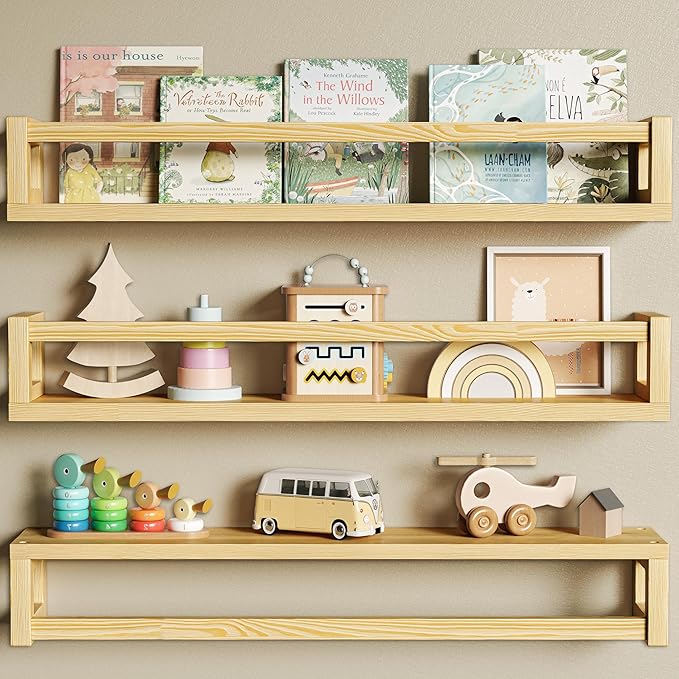 TidyCorner Upgraded Thick Floating Shelves - 24 Inch Multi-Use Wall-Mounted Bookshelves for Kids and Nursery, Ideal for Books, Toys, Spice Rack, Decor - Natural Wood