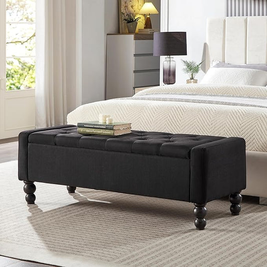 50" W Storage Ottoman Bench with Safety Hinge, Load up to 660 lb Ottoman with Storage, Upholstered Tufted Entryway Bench with Seating for Living Room, Bedroom, Entryway, Black