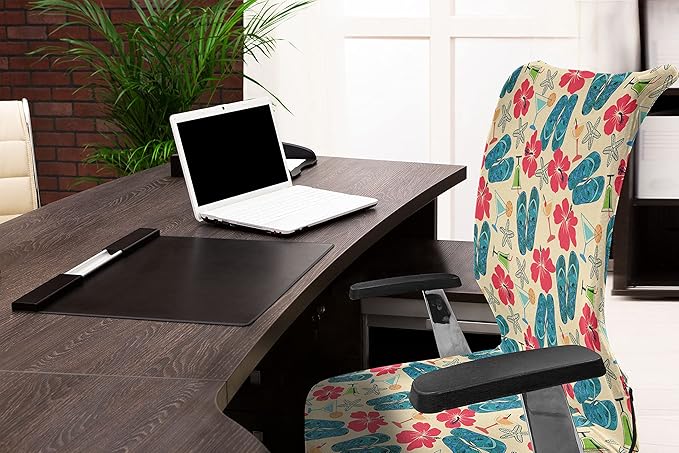 Ambesonne Flip Flop Office Chair Cover, Exotic Summers Hibiscus Flower Starfishes Martini Cocktail and Beach Sandals, Stretchable Decorative Universal Size High Back Printed Slipcover, Blue Red