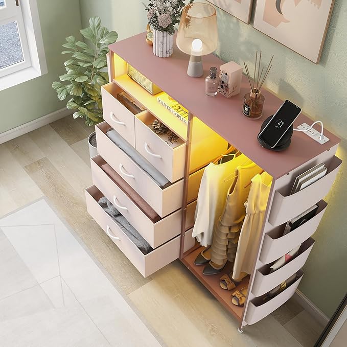 Espelism Dresser for Bedroom with Clothes Rack Side Pockets 5 Drawer Dresser with Charging Station LED Lights Black Storage Chest of Drawers for Hallway Closet Sturdy Steel Frame Wood Top (Pink)