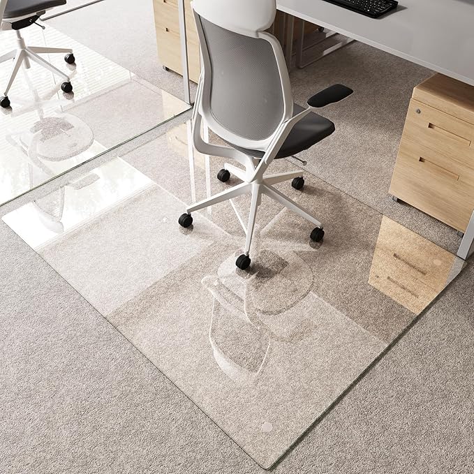 Tempered Glass Chair Mat 58"x44" – Ultra-Clear Office Chair Mat for Hardwood Floors & Low-Pile Carpets – Heavy-Duty 0.2" Scratch-Resistant Surface with Non-Slip Pads – Supports 1,000 lbs