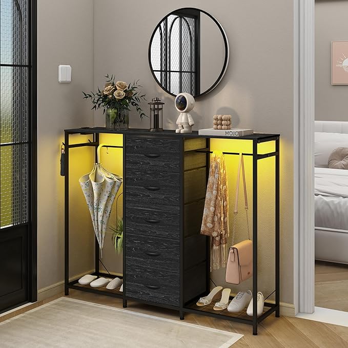 Espelism Dresser for Bedroom with Clothes Rack 5 Drawer Dresser with Charging Station LED Lights White Chest of Drawers Flexible Shelf and Open Storage Space for Bedroom Living Room (Charcoal Black)