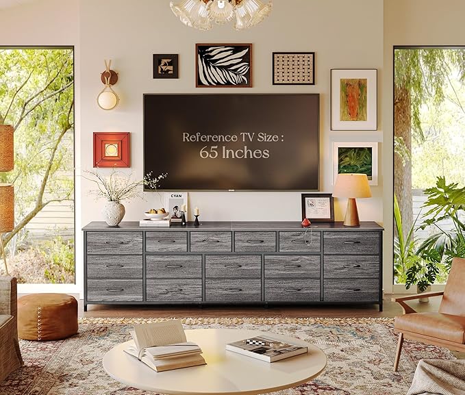 Huuger 77.6" Long Dresser for Bedroom, 16 Drawer Fabric Dresser for Closet, Wide Chest of Drawers with Storage, TV Stand for 65, 75, 85 Inch TV, 77.6" W x 12.9" D x 26.7" H, Grey