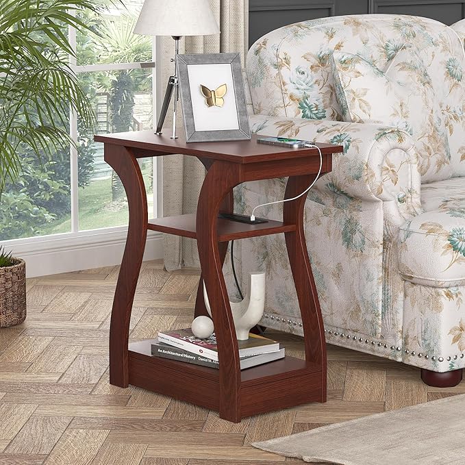 FROMJBEST End Tables Living Room, Cherry End Table with Charging Station, Nightstand for Bedroom, 3 Tier End Table with Storage Shelf for Living Room(Cherry)