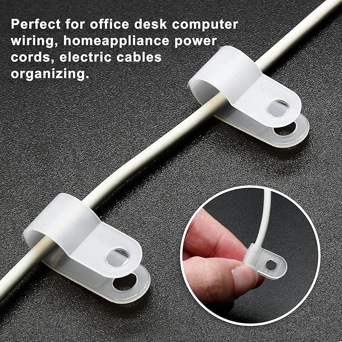 60pcs 3/8 Inch Nylon Cable Clamps, R-Type Wire Cable Clips with M4 Screws, Screw Mounting Cord Fastener Wire Conduit Clamp for Wire Management (White)