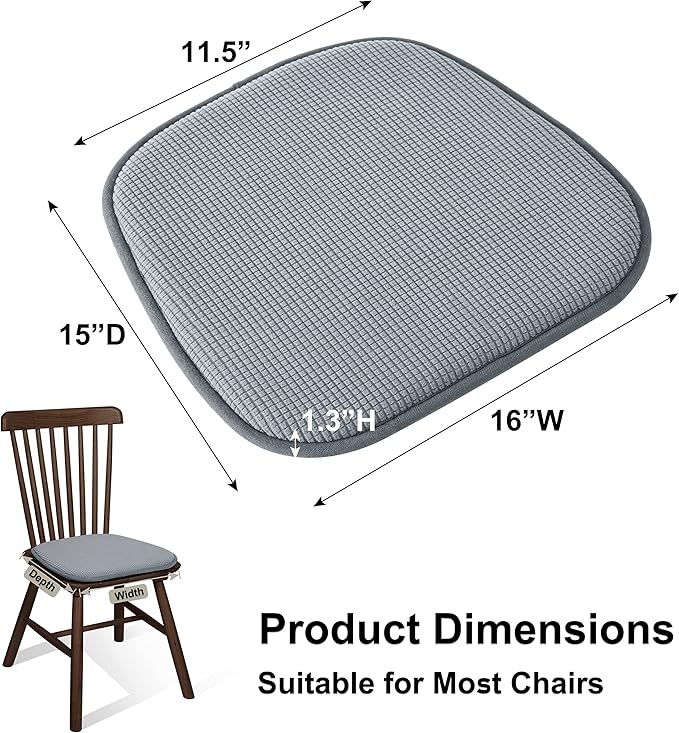 Shinnwa Dining Chair Cushions 4 Pack, Non Slip Indoor Chair Pads, U-Shaped Kitchen Seat Cushions, Set of 4, 15 x 16 Inches, Grey