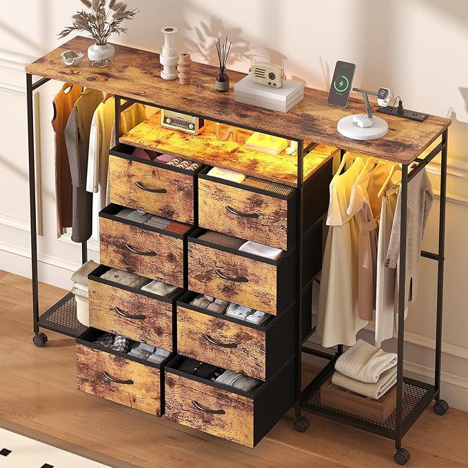 59.1" W Dresser for Bedroom with Hanging Rack, 8 Drawer Dresser with LED Lights & Charging Station, Fabric Dressers with Portable Wheels,Metal Frame, Wooden Top (Rustic Brown)