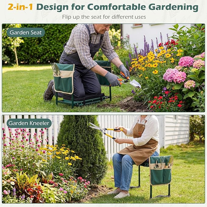 2-in-1 Garden Kneeler and Seat, Folding Garden Seat w/EVA Foam Kneeling Pad & Removable Tools Pouch, Sturdy Steel Frame, No Assembly, Portable Heavy Duty Garden Stool for Women Men Seniors