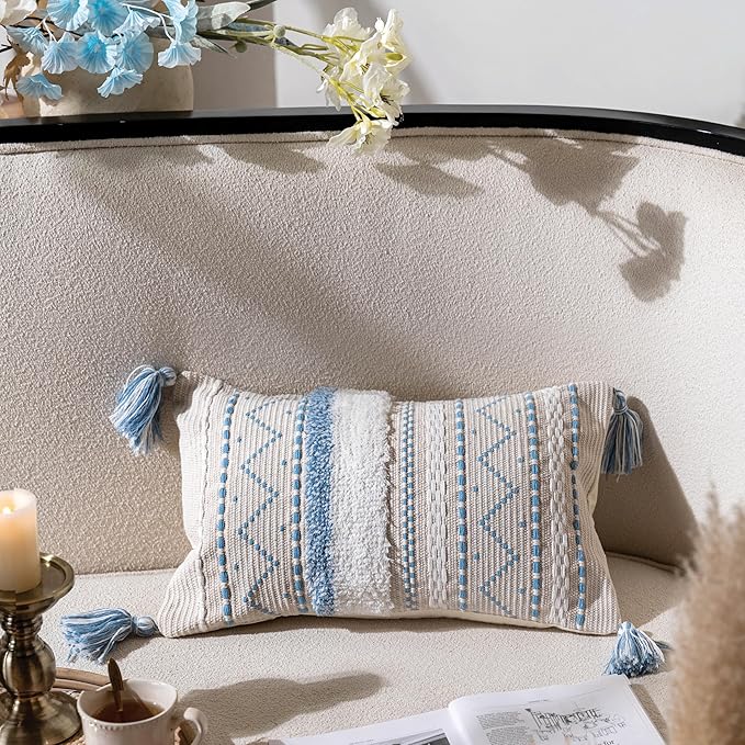 BlissBlush 12x20 Lumbar Pillow Cover, Rectangular Blue Pattern Decorative Cushion Cover, Coastal Boho Accent Pillowcase with Tufted Pattern and Tassels for Couch Sofa Living Room (Cover Only)