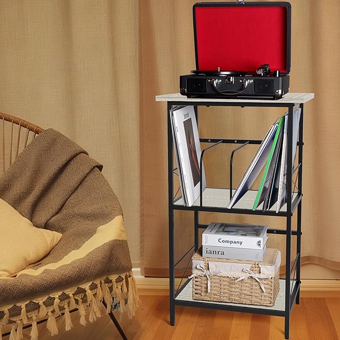 Record Player Stand with 4 Adjustable Dividers, Vinyl Record Storage Holds 200 LPs, 3 Layer End Table, Multi-Functional Record Player Table for Home, Grey