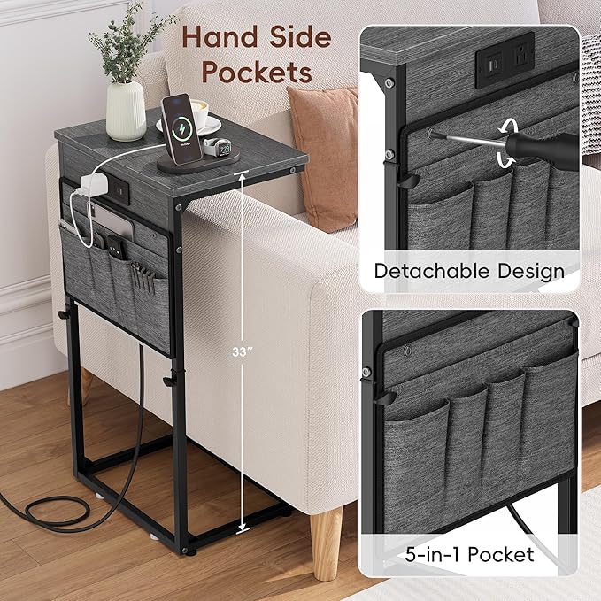 Vagusicc C Shaped End Table with Charging Station, 33" Tall Side Table for Couch, Sofa Table Adjustable Height Couch Side C Table, Slide Under Sofa Tray Table for Living Room Bedroom, Gray Walnut