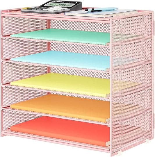 6 Tier Paper Organizer, Metal Mesh Desk File Folder, Letter Tray Organizer, Paper Sorter Desk Organizers for Office, Home or School File Folder Holder - Pink