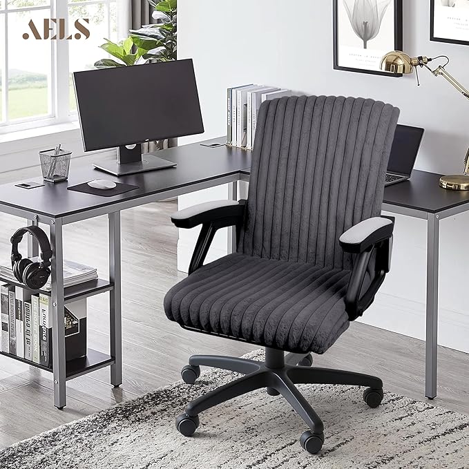 AELS Faux Fur Striped Office Chair Cover, Desk Chair Cover Computer Office Chair Covers - Fits Desk Chair/Armchair, Soft Breathable Fabric - Washable & Removable for Home & Office, Dark Gray
