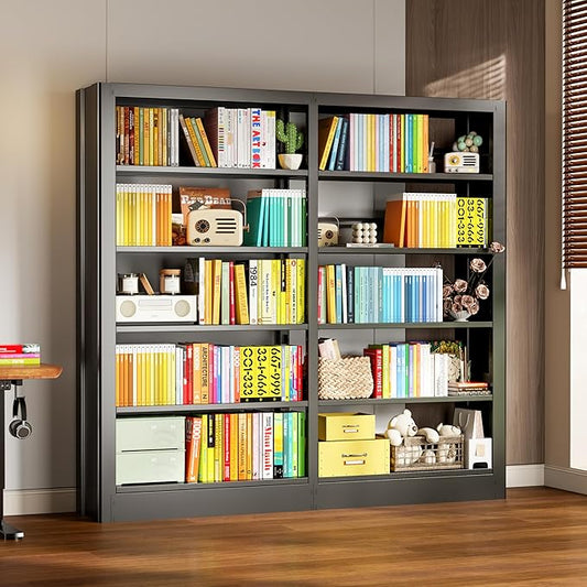 5-Tier Bookcase with Adjustable Storage Shelves, Metal Bookshelf with Book Stopper, Bookcase Shelf for Library, Office, Living Room (Black-2)
