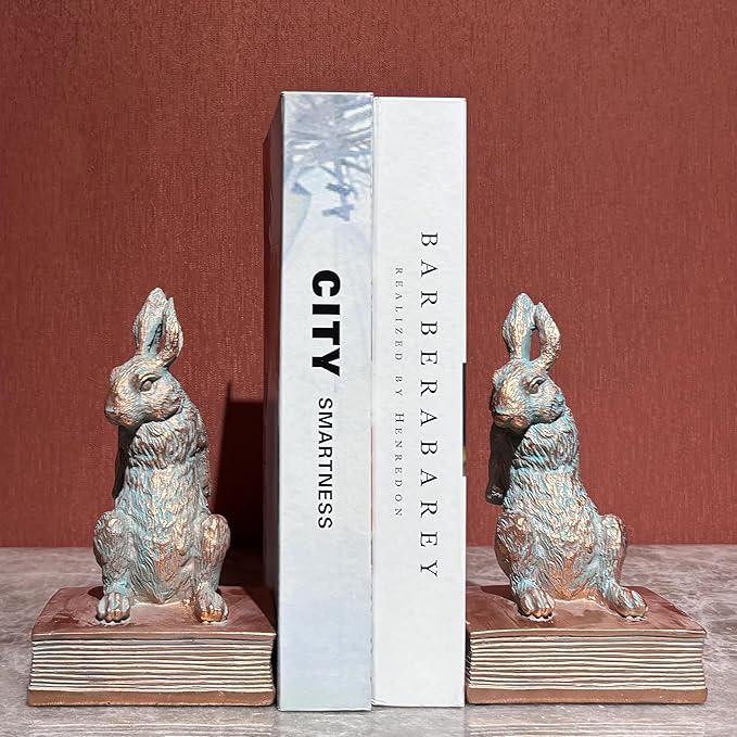 Book Ends for Shelves to Hold Books Hevay Duty,Decorative Bookends for Bookshelf Décor,Cute Animal Rabbit Book Stopper Easter Bunny Statues for Home, Living Room Decoration,1 Pair (Bronze)