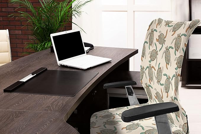 Ambesonne Ethnic Office Chair Cover, Illustration of Traditional Turtle with Geometric Motifs, Stretchable Decorative Universal Size High Back Printed Slipcover, Peach Seafoam