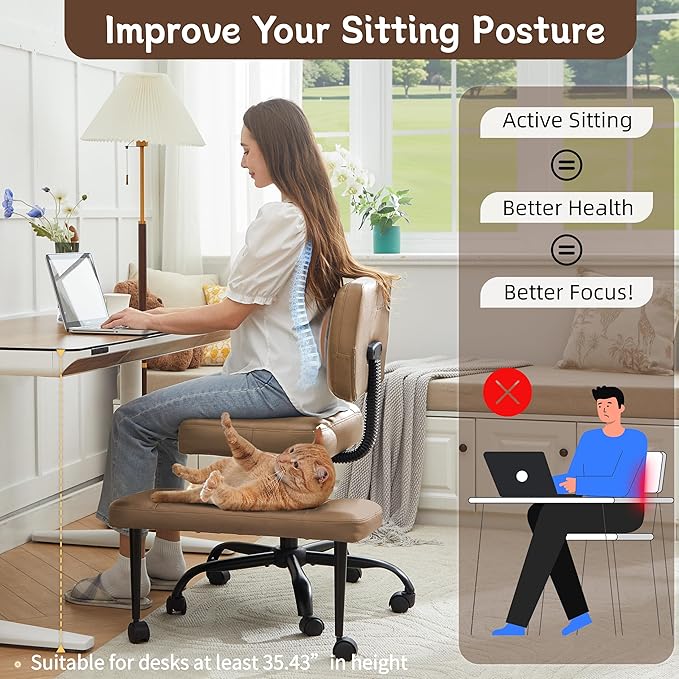 Ergonomic Criss Cross Legged Office Chair, ADHD Chair, 360° Swivel Meditation Kneeling Chair with Wheels, Adjustable Footrest, Bigger & Wider Height Adjustable Seat, Strong Lumbar Support, Brown PU