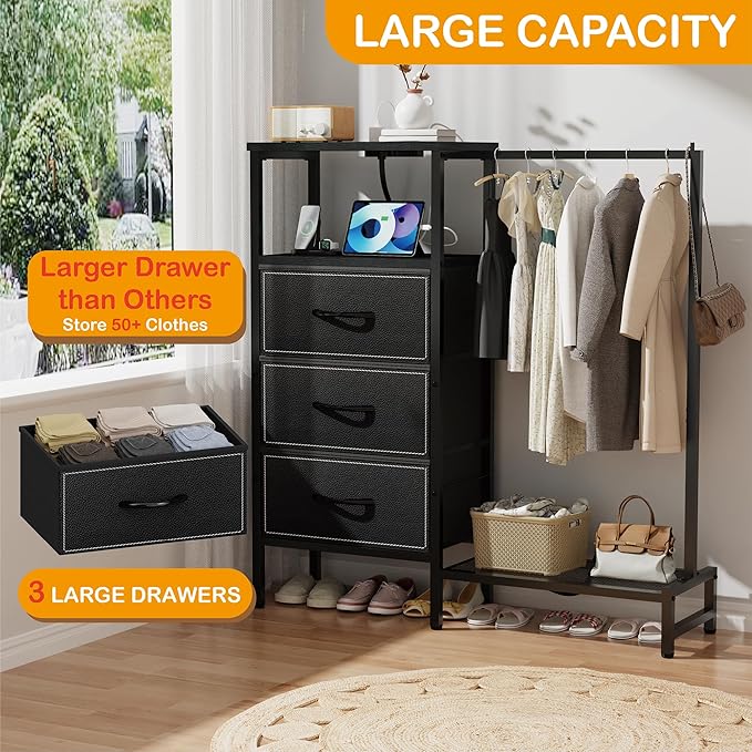 Dresser for Bedroom with Hanging Rack, 3 Drawers Closet with Charging Station, Fabric Chest of Drawers with Clothes Rack, Storage Organzier for Hallway Entryway, Black