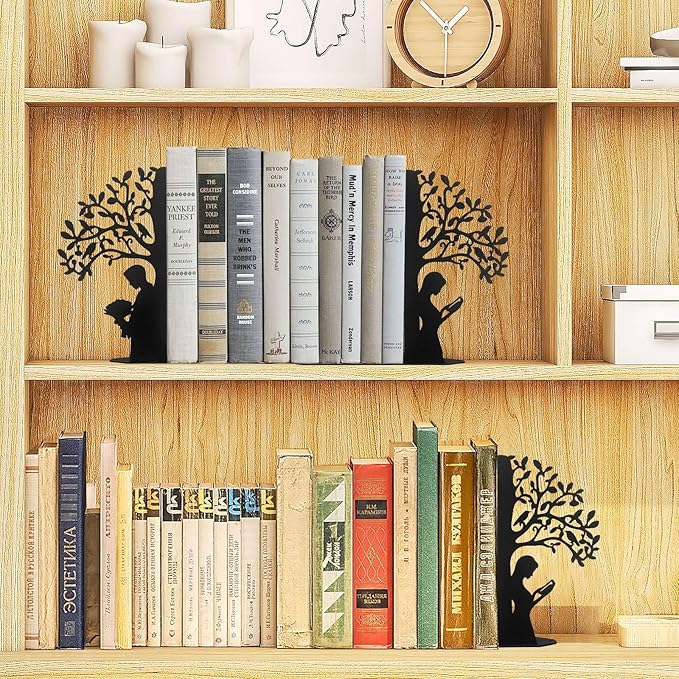 Tree of Life Bookends Decorative Couple Book Ends for Shelves, Black Metal Bookends for Heavy Books, Book Organizer for Desk Bookshelf Home Office Book Stopper Valentines Day Gifts for her