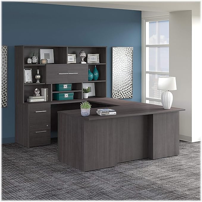 Bush Business Furniture Office 500 U Shaped Executive Desk with Drawers and Hutch, 72W, Storm Gray