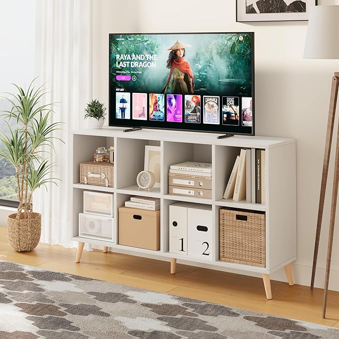 8-Cube Bookshelf 2 Tier Modern Bookcase with Legs, 11in Shelf Opening, 47" Wood Bookshelves Storage Organizer Shelf, Freestanding Open Book Shelves for Bedroom Living Room Office, White