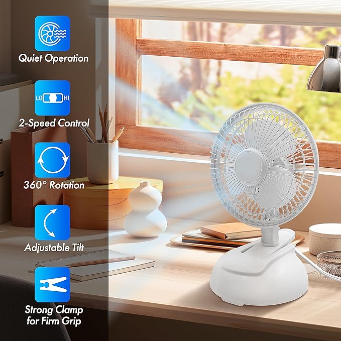 EZ-CHILL Personal Clip or Desk Fan with Removable Base, Portable Mini Bedroom Fan, 6 inch, 2 Speed, Strong Clamp, Firm Grip, Airflow 6.53 ft/sec, Ideal for Home, Bedroom, Dorm & Office